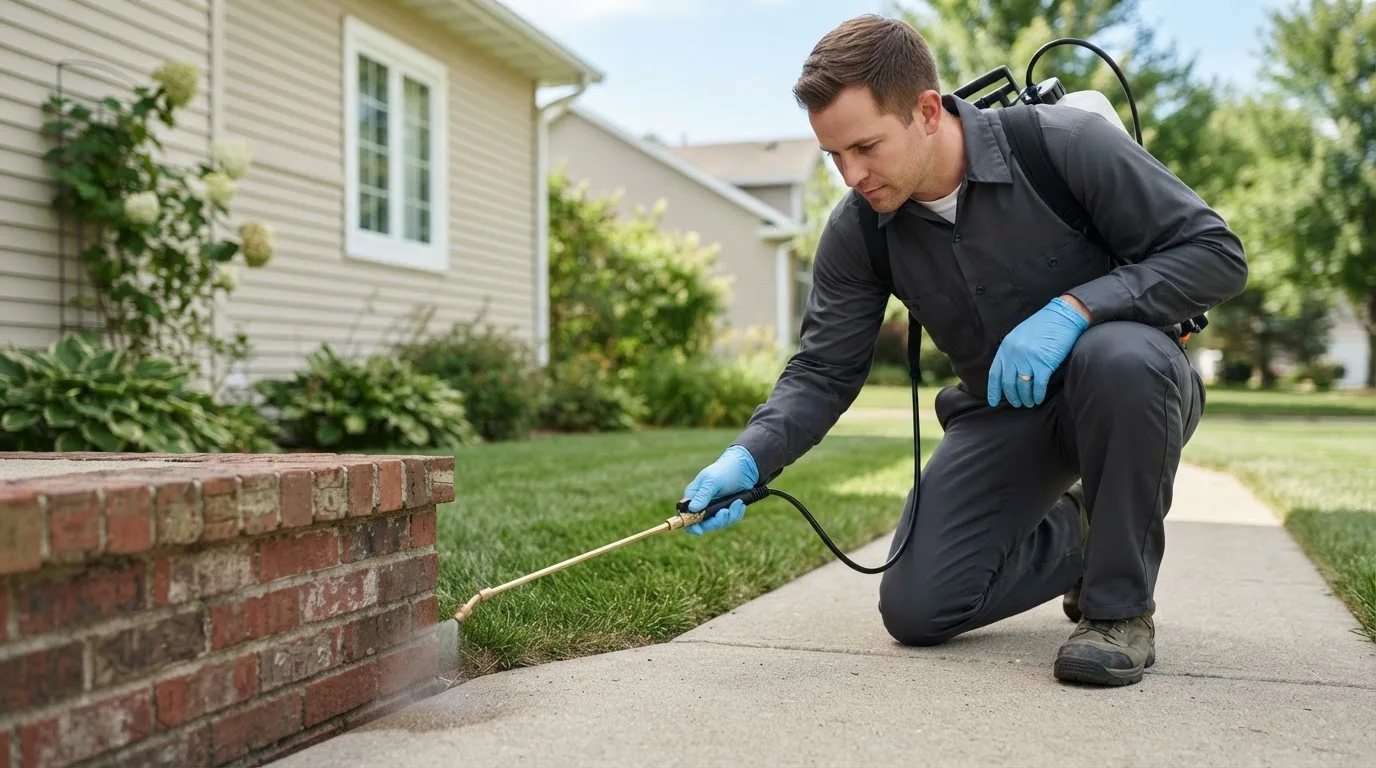 Pest control technician treating a home near Aredale, IA