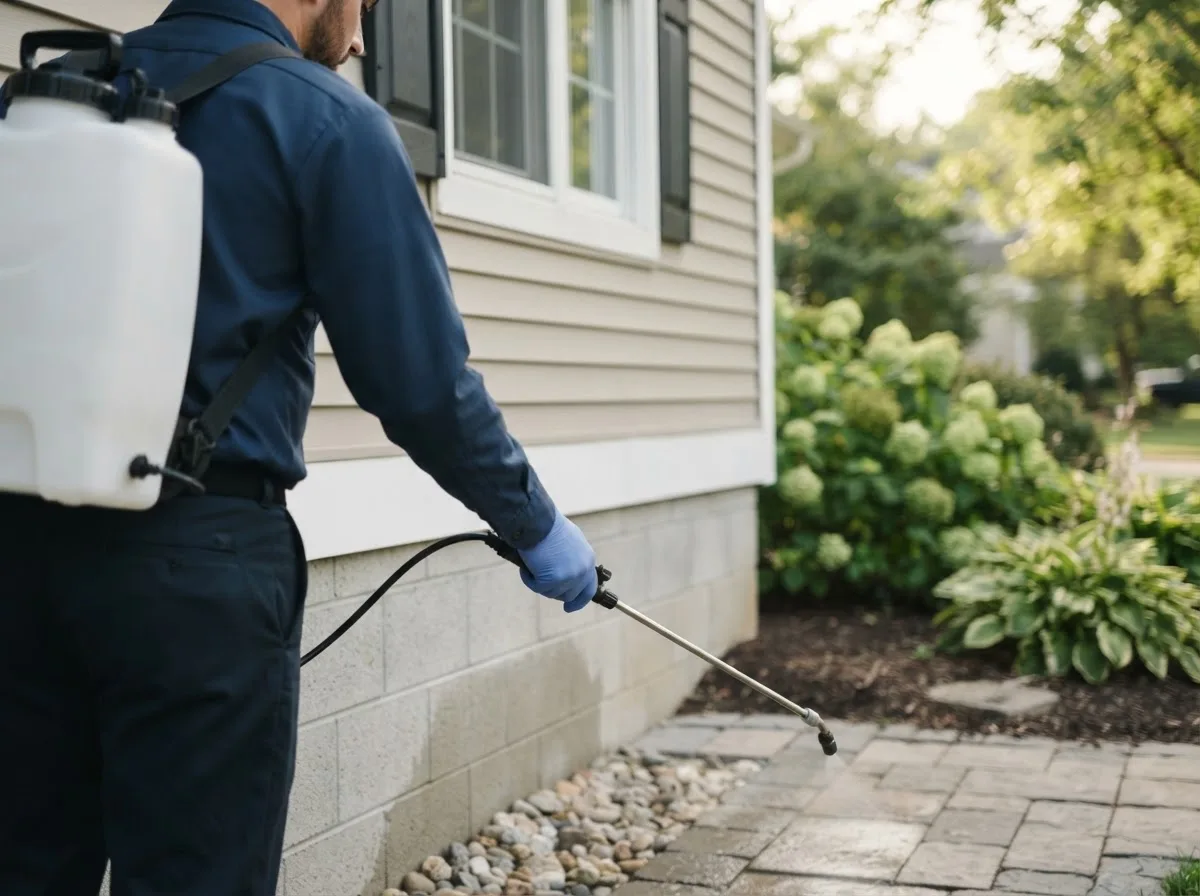 Pest control technician inspecting a home in Aredale, IA